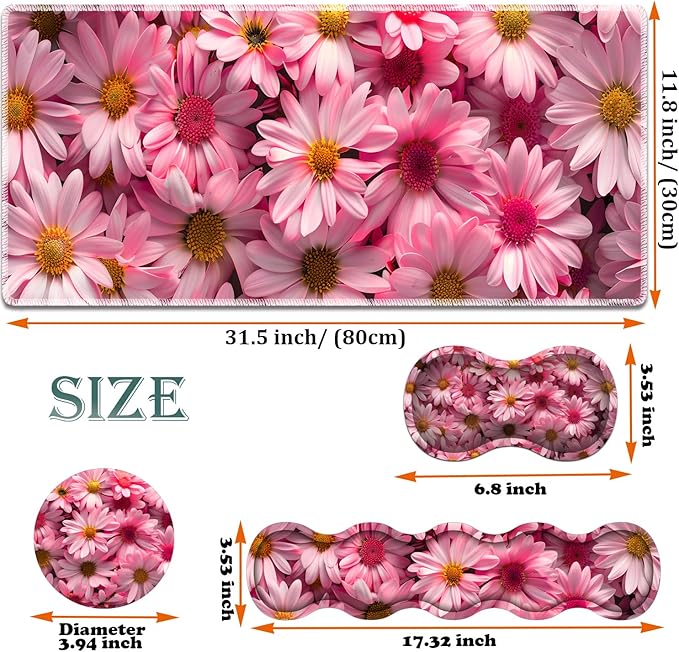 Large Gaming Mouse Pad + Keyboard Wrist Rest + Wrist Support + Coaster Set, Memory Foam Ergonomic for Easy Typing, XXL Extended Gaming Mouse Pad Table Pad - Pink Daisy