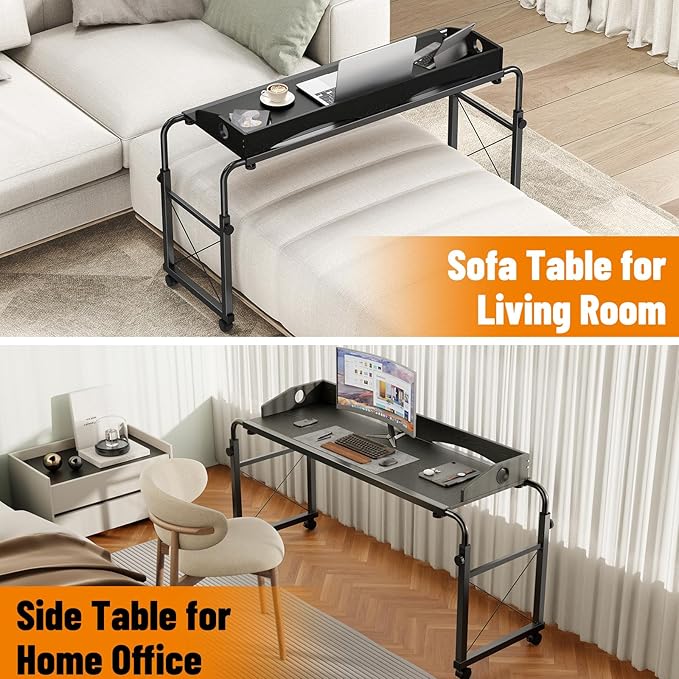 BYMECOST Laptop Desk for Bed, Adjustable Height & Length Laptop Bed Table,Overbed Table with Wheels for Queen Size Beds,Rolling Standing Desk,Over Bed Desk for Working Reading Eating