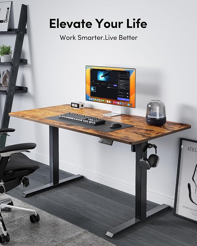 FEZIBO Standing Desk, 55×28 Inches Electric Height Adjustable, Sit Stand Up, Computer Office Desk with Splice Board, Black Frame/Rustic Brown TOP