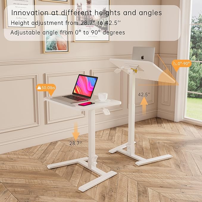 25 Inch Mobile Folding Desk - No Assembly, Pneumatic Sit-Stand, 29-42" Height Adjustable Rolling Laptop Desk with Hidden Wheels, 0-90° Tilt Top for Home Office, Craft & Study
