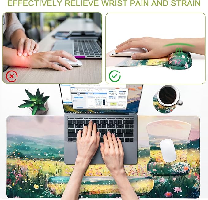 MEGREZ 4-in-1 Ergonomic Memory Foam Wrist Rest Set, Desk Pad, Mouse Pad with Wrist Rest, Keyboard Pad, Suitable for Office Workers, Programmers & Gamers–Relieve Typing & Gaming Fatigue, The Wild