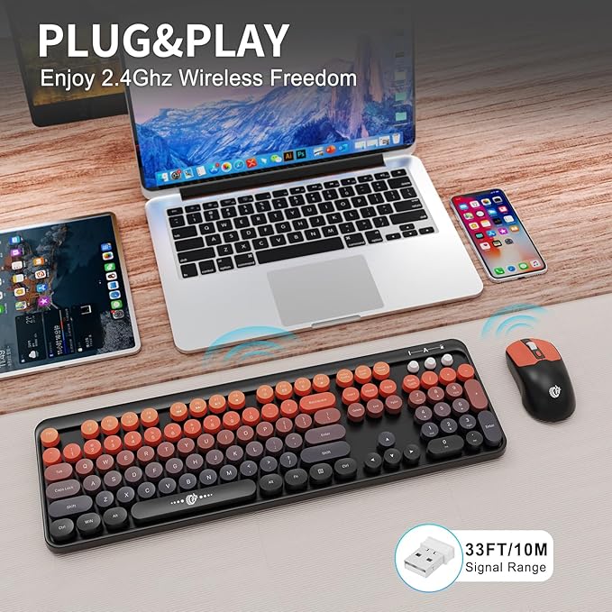 Wireless Keyboard and Mouse Combo - Cute Colorful Keyboard and Mouse, Retro Typewriter Keyboard with 2.4GHz Plug & Play, for Windows 11/10/7, Laptop, PC (Orange)