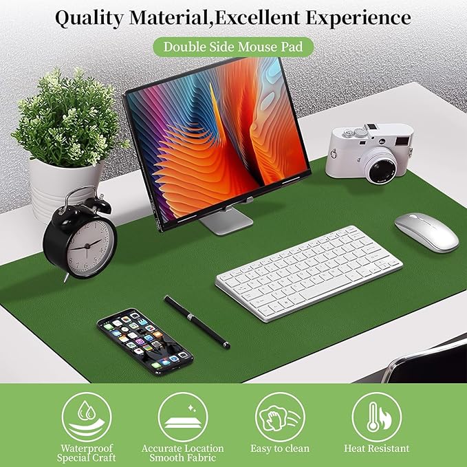 Green Leather Desk Mat, Dual-Side Use Desk Matt for Desktop, Waterproof Computer Mats for Office/Study/Home