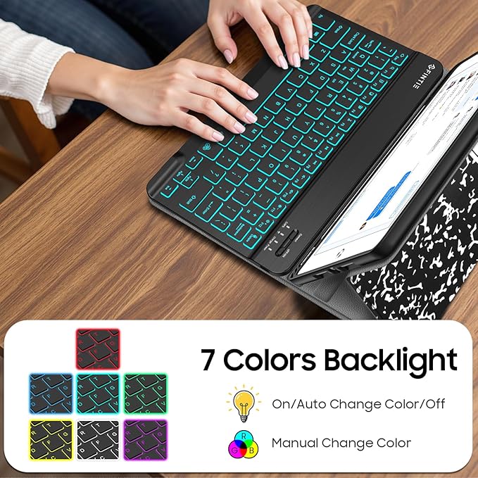 FINTIE Backlit Keyboard Case for iPad 9th / 8th / 7th Generation (2021/2020/2019) 10.2 Inch, Soft TPU Back Cover with 7 Colors Backlight Magnetically Detachable Bluetooth Keyboard, Composition Book