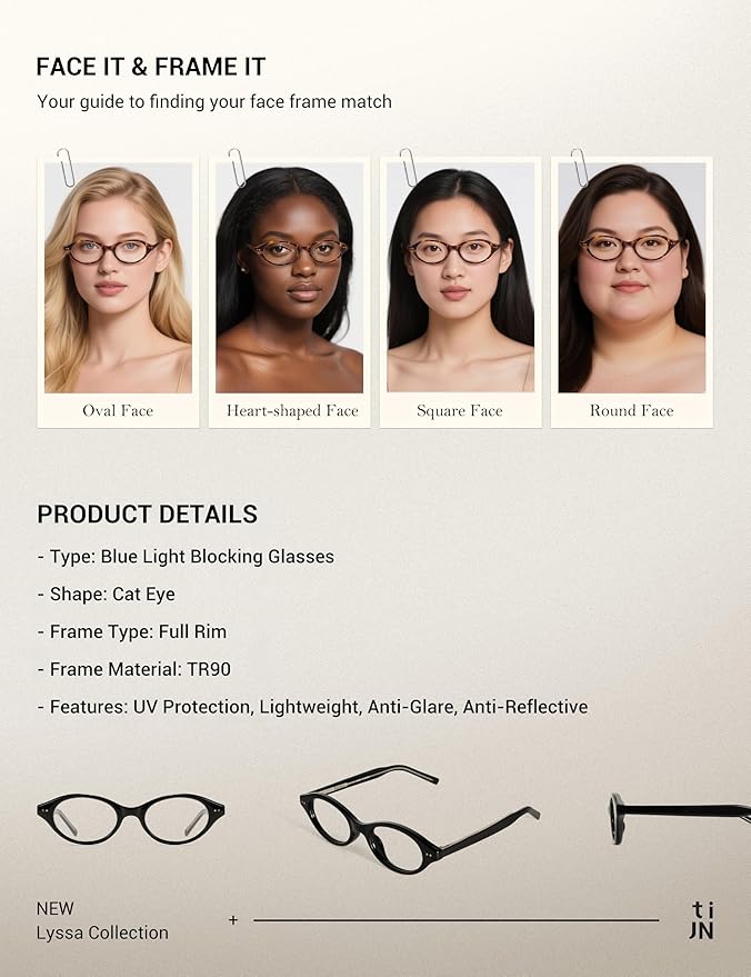 TIJN Lyssa Blue Light Glasses for Women Men,Retro 90s Oval Cat Eye Frame Eyeglasses,Lightweight TR90 Computer Gaming Eyewear