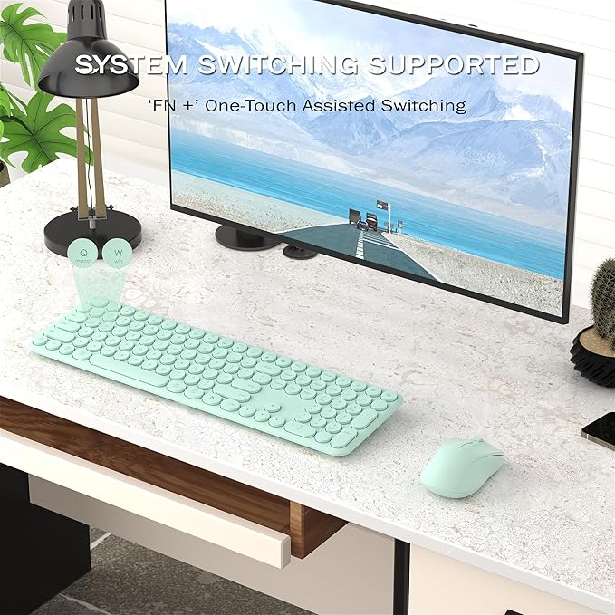Wireless Keyboard and Mouse Combo, 110 Round Quiet Keys, Adjustable Optical Mouse, Share 1xUSB Receiver, Power Switch, for Windows Mac(Green)