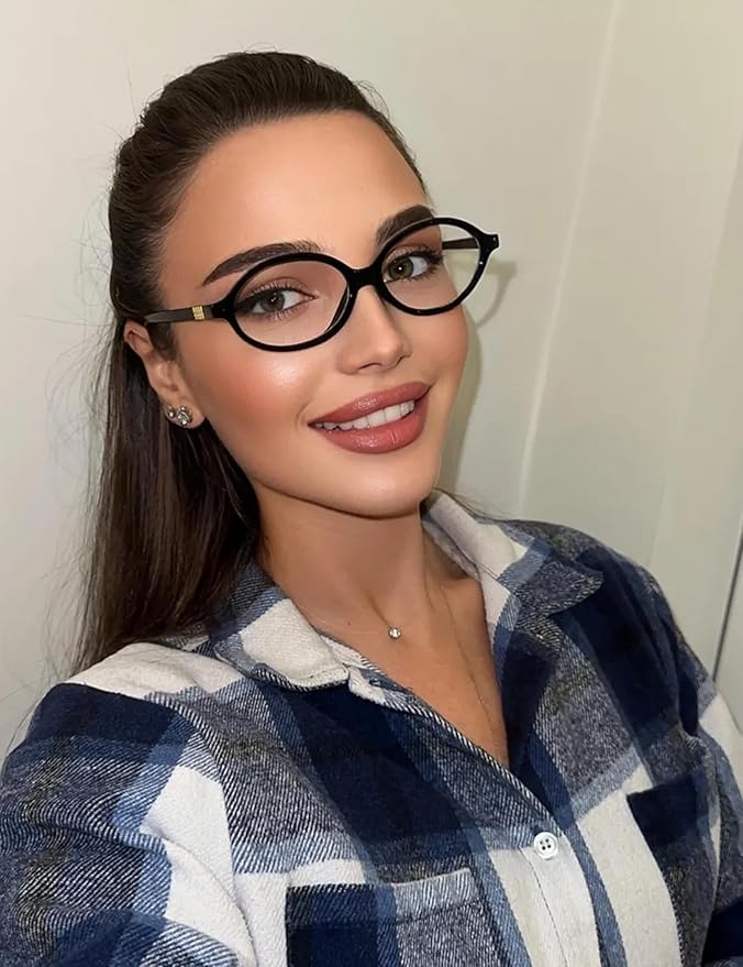 Slocyclub Fashion Oval Blue Light Blocking Glasses for Women Men Vintage Oval Small Frame Eyeglasses Retro Glasses, Black