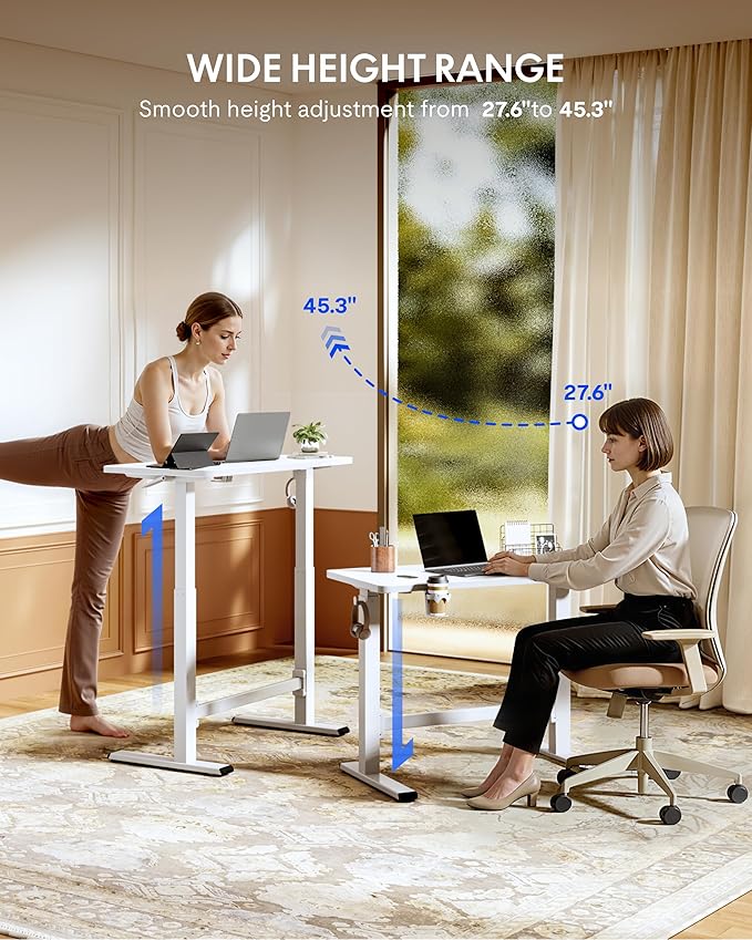 FLEXISPOT H7 Plus Gas Spring Adjustable Standing Desk, Mobile Rolling Sit-Stand Table with Wheels, Cordless Stand Up Desk for Small Spaces & Home Office, 48" One-Piece Desktop White，Height 27.6"–45"