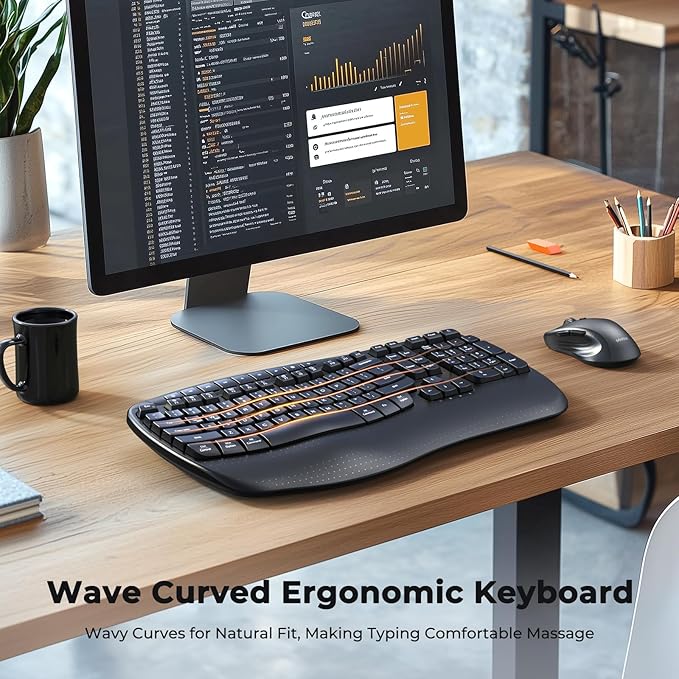 MEETION Ergonomic Keyboard and Mouse Wireless Combo, Wave Keys Natural Typing, 2.4G USB Receiver Wireless Keyboard with Wrist Rest, 4 Adjustable DPI Optical Mouse, Computer/Laptop/Windows/Mac, Black