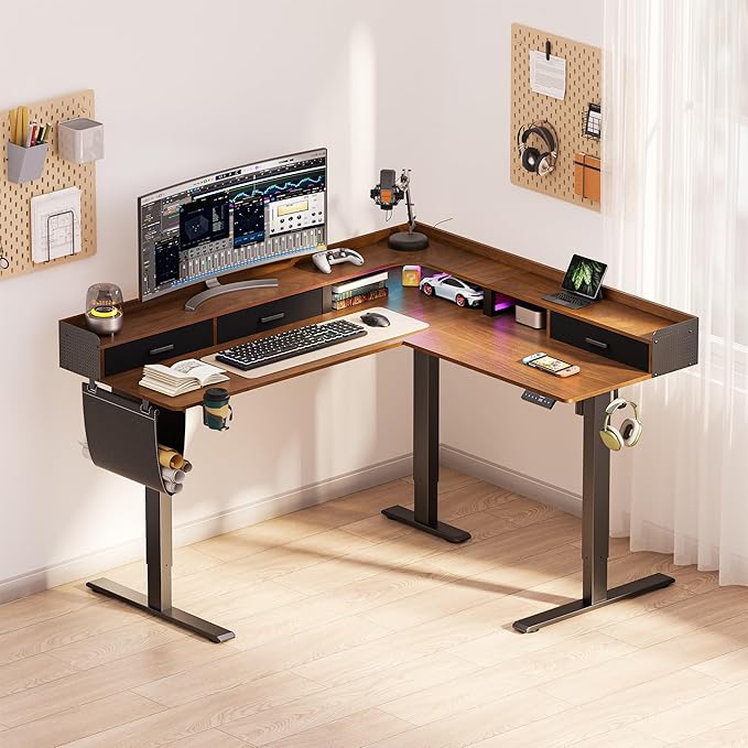 63 Inches Height Adjustable L Shaped Standing Desk with 3 Drawers and Monitor Shelf, Electric Sit to Stand Home Office Comupter Table, Ergonomic Corner Gaming Desk, Black Walnut