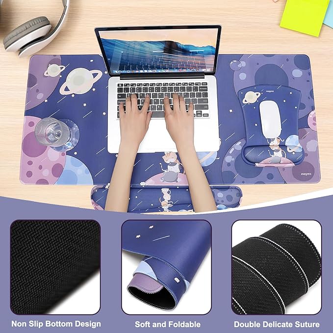 MEGREZ 4-in-1 Ergonomic Memory Foam Wrist Rest Set, Desk Pad, Mouse Pad with Wrist Rest, Keyboard Pad, Suitable for Office Workers, Programmers & Gamers–Relieve Typing & Gaming Fatigue, Cat Planet