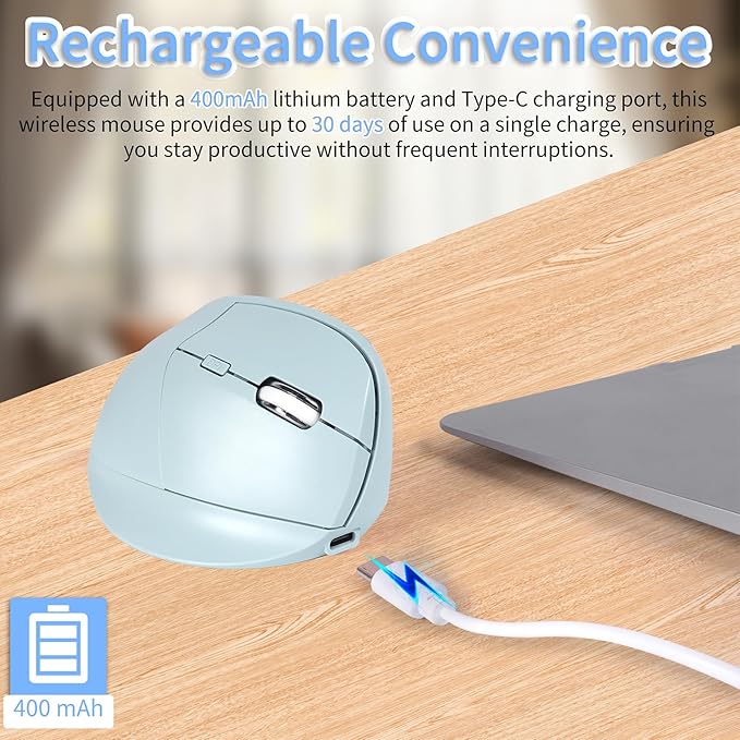 Bluetooth Wireless Vertical Mouse - Ergonomic Design, Rechargeable with Type-C, Silent Operation for Office and Home Use, Ideal for Professionals & Students (Green)