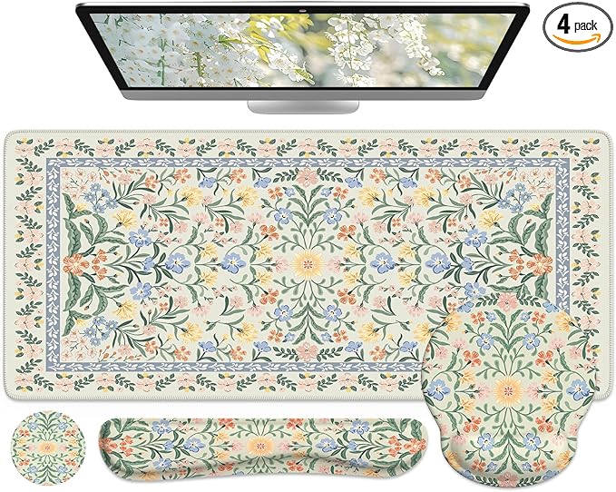 iCasso Green Desk Pad Mat, Large Mouse Pad and Keyboard Wrist Rest Set, Desk Protector Mat,4in1 Ergonomic Carpal Tunnel Keyboard Pad with Wrist Support for Desktop Cover Home Office Computer