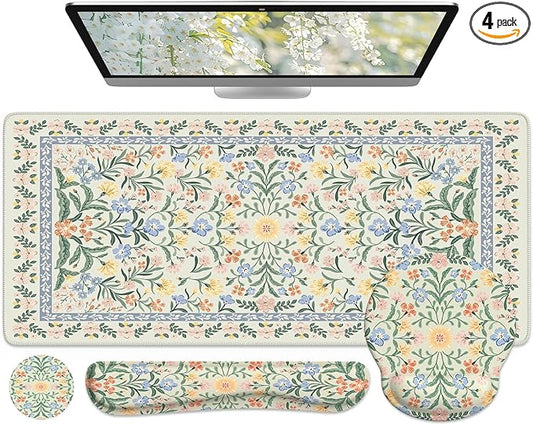 iCasso Green Desk Pad Mat, Large Mouse Pad and Keyboard Wrist Rest Set, Desk Protector Mat,4in1 Ergonomic Carpal Tunnel Keyboard Pad with Wrist Support for Desktop Cover Home Office Computer