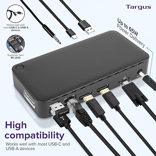 Targus Dual Monitor Universal USB-C DV4K DP Docking Station with 65W Power - Broad Compatibility with a Range of Hosts, Devices, Peripherals, Laptops, and Operating Systems (DOCK315USZ)