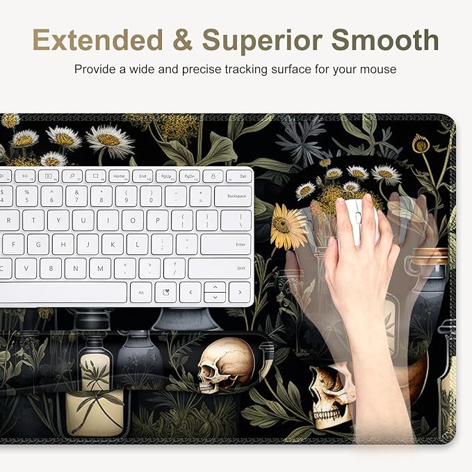 Large Mouse Pad with Wrist Support 4 in1 Set, XXL Big Game Mousepad + Keyboard Wrist Rest+Mouse Wrist Rest+Coaster Gaming Mat for Home Office Computer I Black Academia Mystical Green Plant