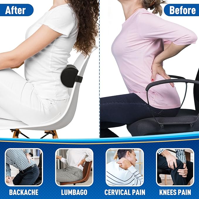 Seat Cushion, Lumbar Roll Support Pillow for Office Chair, Car, Gaming Chair, Memory Foam Back Cushion with Washable Cover for Relieving Back Pain & Improving Posture,Black