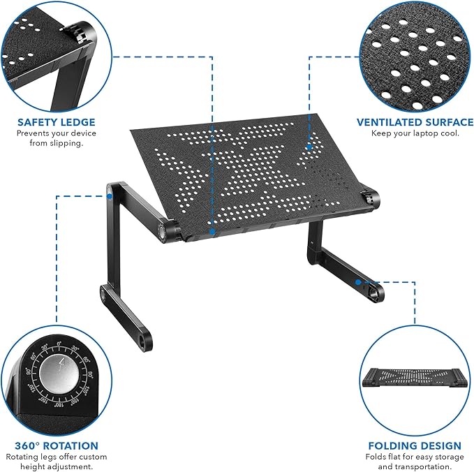 Mount-It! Adjustable Laptop Stand & Lap Desk, Large Aluminum Laptop Tray with 360° Rotating Legs, Portable Sit-Stand Laptop Desk for Bed, Couch, Desk & Floor, Ventilated Surface