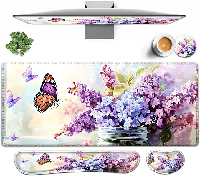 Large Mouse pad and Keyboard Support Set, Ergonomic Memory Foam Keyboard Wrist Rest, Extended Gaming Mouse Pad with Stitched Edges, Flowers in Vase XXL Desk Mat (31.5 X 11.8 in)