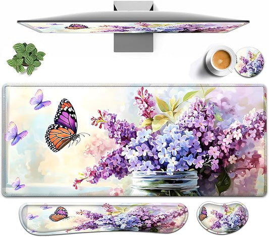 Large Mouse pad and Keyboard Support Set, Ergonomic Memory Foam Keyboard Wrist Rest, Extended Gaming Mouse Pad with Stitched Edges, Flowers in Vase XXL Desk Mat (31.5 X 11.8 in)