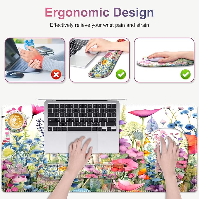 Large Mouse Pad with Wrist Support 4in1 Set, XXL Game Mousepad +Keyboard Wrist Rest+Mouse Wrist Rest+Coaster Ergonomic Design Gaming Mat for Home Office Table Computer I Gorgeous Rose Plants