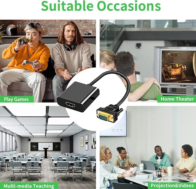 Herfair VGA to HDMI Adapter 15Pin VGA Male to HDMI Female Converter for Computer, Desktop, Laptop, PC, Monitor, Projector, HDTV with Audio Cable and USB Power Cable (One Way Transmit)