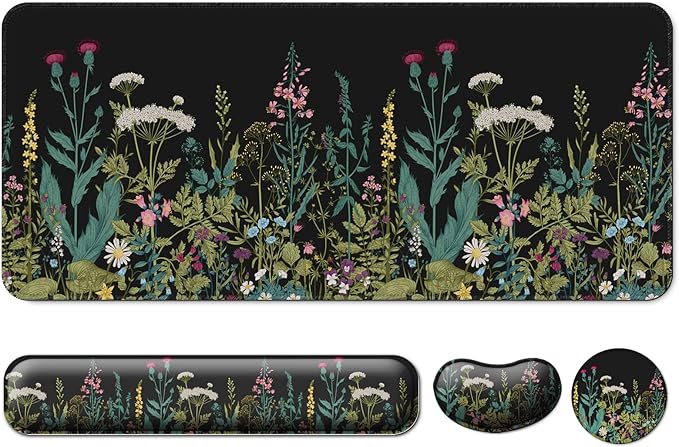 Keyboard Wrist Rest + Mouse Pad with Wrist Support + Desk Mat + Coaster 4 in 1 Set, XXL Large Gaming Mousepad Cute Ergonomic Mouse Pads for Desk Computer Laptop Office Decor-Little Flowers