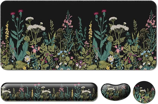 Keyboard Wrist Rest + Mouse Pad with Wrist Support + Desk Mat + Coaster 4 in 1 Set, XXL Large Gaming Mousepad Cute Ergonomic Mouse Pads for Desk Computer Laptop Office Decor-Little Flowers