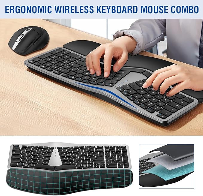 MK960 Ergo Wireless Keyboard Mouse Combo, Bluetooth/2.4G Split Design Keyboard with Palm Rest and 4 Level DPI Adjustable Wireless Mouse, Multi-Device, Rechargeable, for Windows/Mac/Android(Silver)