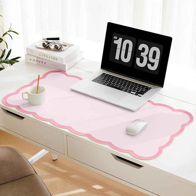 Scalloped Desk Mat, 31.5" x 15.7" Large Cute Pink Girls Women Aesthetic Desk Accessories, PU Leather Computer Laptop Desk Mat Mouse Keyboard Pad, Desk Writing Makeup Mat for Vanity/Work/Home Decor