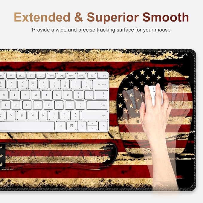 Large Mouse Pad with Wrist Support 4in1 Set, XXL Game Mousepad + Keyboard Wrist Rest+Mouse Wrist Rest+Coaster with Ergonomic Design Gaming Mat for Home Office Table Computer I Retro USA Flag