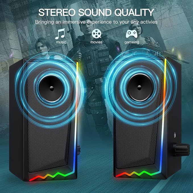 Computer Speakers, Desktop Speakers with Various Colorful LED, Gaming Speakers with Volume Control,for PC, AC Adapter Powered and 3.5mm AUX-in Computer Speakers