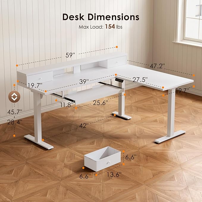 OffiGo 59 Inch L Shaped Electric Standing Desk with Drawers, Height Adjustable Corner Computer Desk with Keyboard Tray & Monitor Stand, Stand Up Table for Home Office Workstation, White