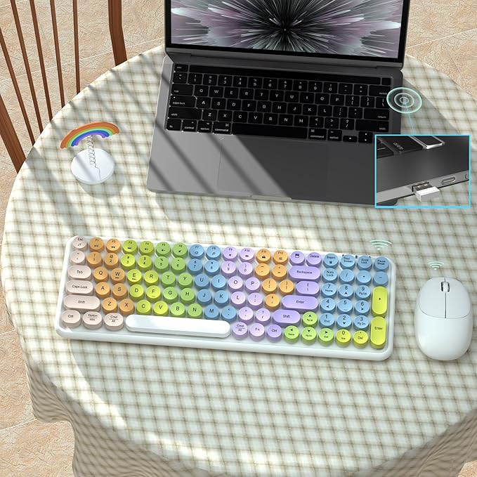 Colorful Wireless Keyboard Mouse Combo, Gradient Rainbow Colors 100 Keys and 2.4GHz Optical Mouse Connection for Windows, Mac, Laptop, PC, Desktop (White Colorful)