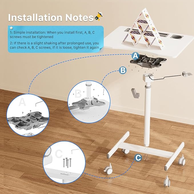 Mobile Standing Desk, 28 inch Rolling Standing Laptop Desk with Cup Holder, Mobile Desk Workstation with Wheels, Portable Computer Desk Cart with Hook for Home Office, White