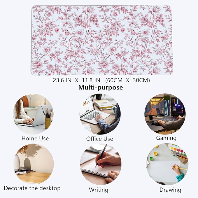 Pink Chinoiserie Mouse Pad,Vintage Pink and White Floral Desk Mat,XL Large Vintage Flowers Preppy Mouse Pad,Girly Laptop Desk Mat for Dorm Home Office,23.6x11.8 Inch