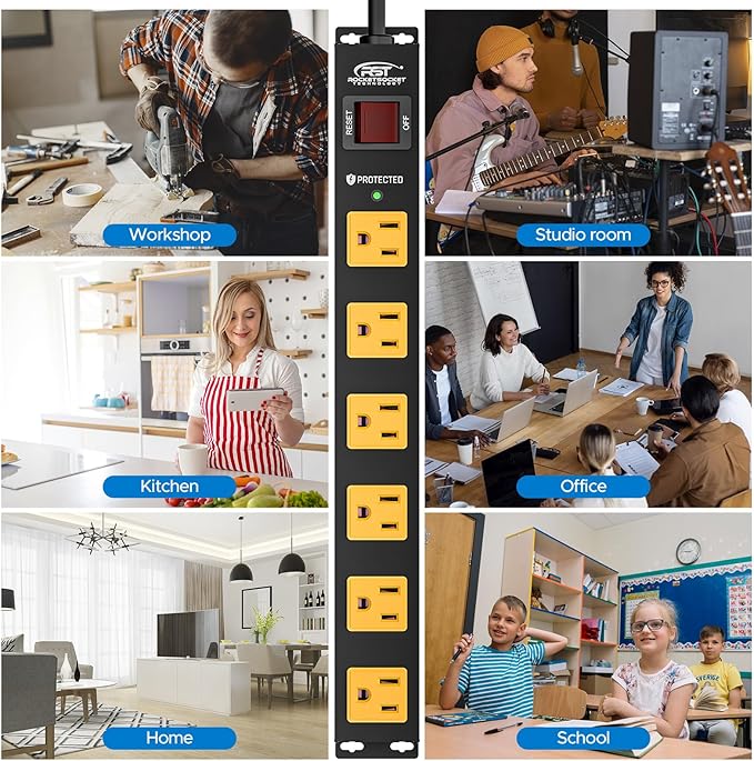 CRST 6 Outlet Surge Protector Power Strip 2100J with Switch, 15A/1875W Metal Heavy Duty Power Strip, Wide Spaced Wall Mount Power Bar for Garage Worshop Home School, 6 FT Cord（ Black+Yellow）