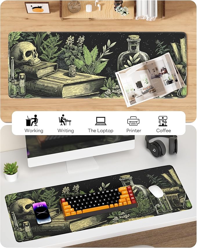 Skull Mouse Pad, 31.5 x 11.8 Large Desk Mat with Stitched Edges & Non-Slip Base, Mousepad for Office, Home, Work, Grave Robber