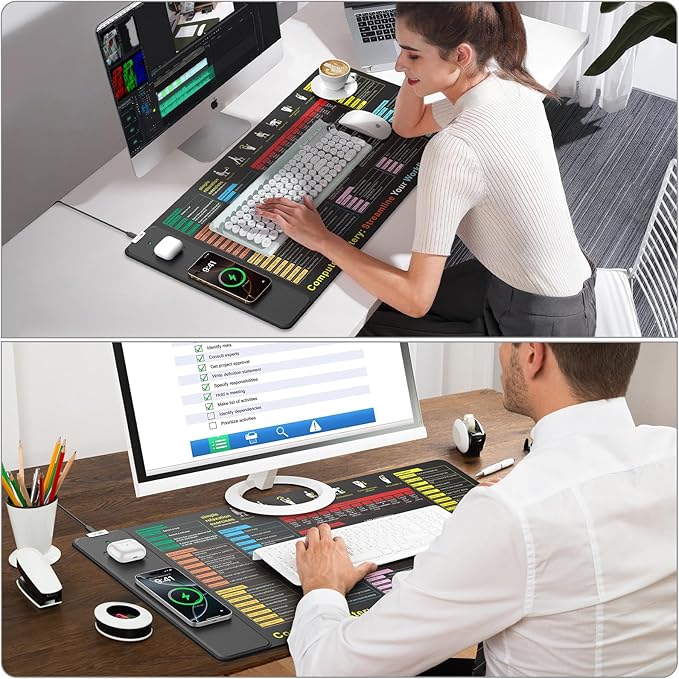 Excel Cheat Sheet Mouse Pad with Wireless Charging, 31.5"x15.8" Extended Excel Shortcuts Desk Pad, Waterproof Ultra-Smooth Keyboard Mat, Non-Slip Base, with 20W PD Adapter