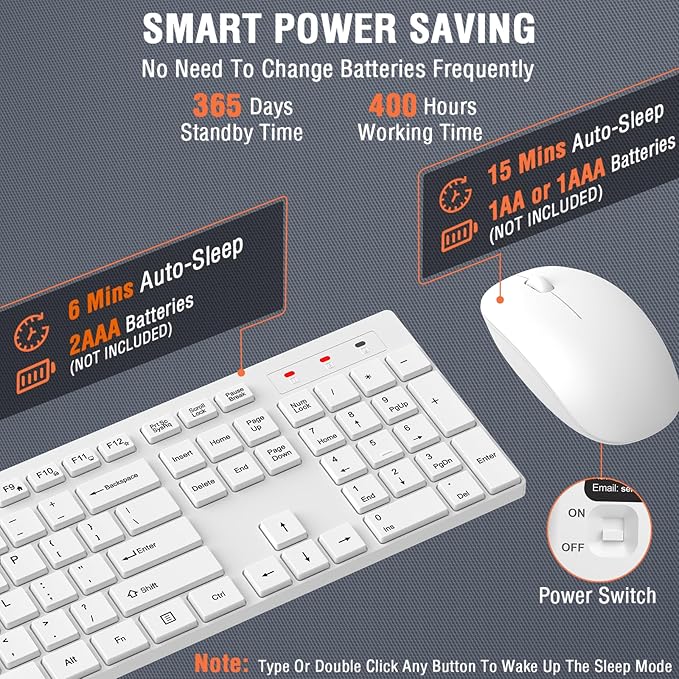 Wireless Keyboard and Mouse Combo, EDJO Silent Full Size Cordless USB Keyboard Mouse, 2.4GHz Lag-Free, Long Battery Life, for Computer, Laptop, PC, Chromebook, Windows (White, 1 Pack)