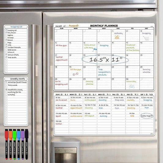 JJPRO Magnetic Dry Erase Calendar for Refrigerator-Reusable Monthly Calendar,Weekly Planner&to Do List for Fridge-Magnetic Monthly,Weekly Planner&List 2pcs-Starts Sunday-16.5x11"
