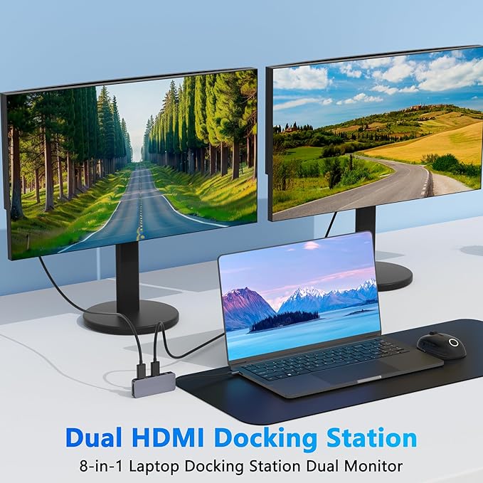 USB C Docking Station Dual HDMI, 4K@60Hz 8 in 1 Docking Station Dual Monitor for Mac/Dell/HP Laptop, HDMI Splitter for Dual Monitors, Double HDTV USB C Hub Multiport Adapter with USB/PD/SD/TF