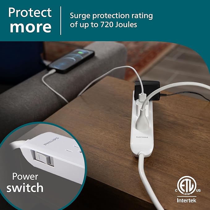 Philips 6 Outlet Power Strip Surge Protector, 4ft Power Cord, Flat Plug, Wall Mount, 720 Joules, ETL Listed, Circuit Breaker, Automatic Shutdown, White, SPP3064WE/37