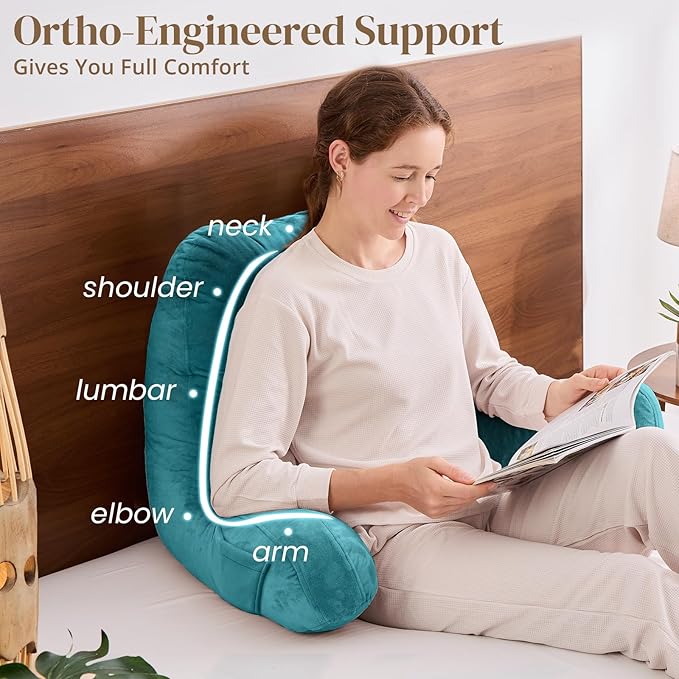 Sasttie Reading Pillow, Pillows for Reading or Relaxing – Ergonomic Support for Head, Neck, Back, and Lumbar, 23-Inch, Teal