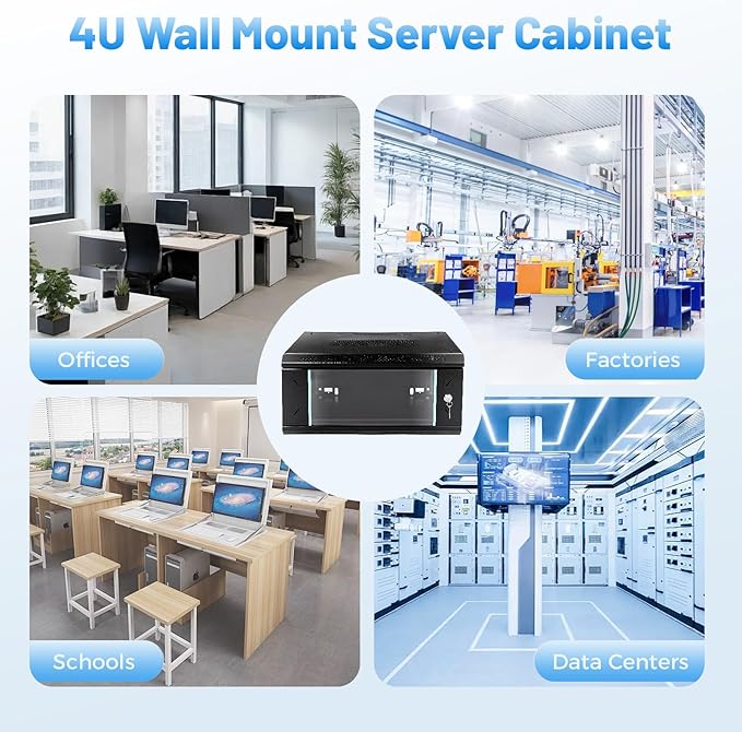 Server Rack Enclosure, 4U Wall Mount IT Network Cabinet, 17.7 Inches Deep 19 Inch Rack, Server Data Cabinet Case with Glass Door Black, Locks, Removable Side Panels for A/V Devices