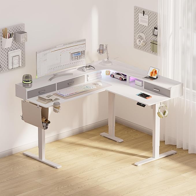 63 Inches Height Adjustable L Shaped Standing Desk with 3 Drawers and Monitor Shelf, Electric Sit to Stand Home Office Comupter Table, Ergonomic Corner Gaming Desk, White