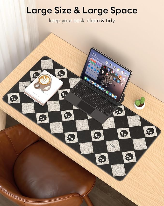 XL Gaming Mouse Pad, 31.5x15.7'' Large Desk Mat with Anti-Slip Rubber Base & Stitched Edges for Gaming, Office, Home, Cute Skulls