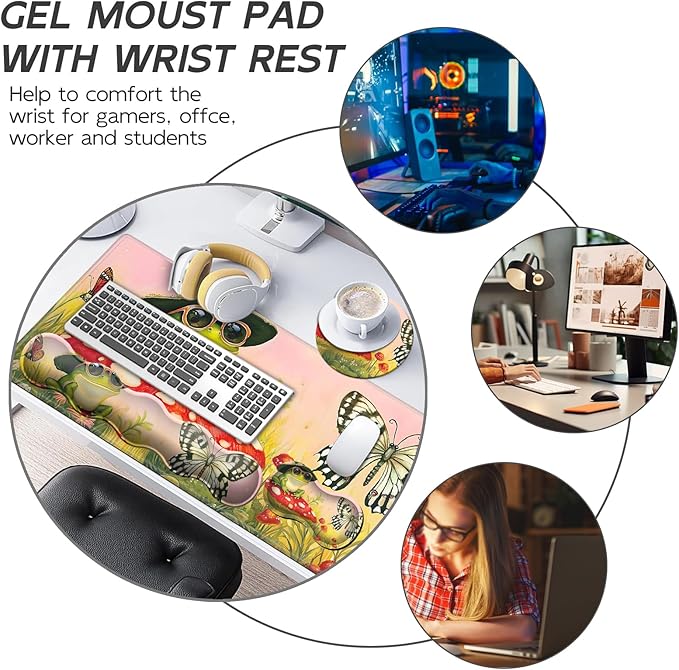 Gaming Mouse Pad Set, Frog Mushroom Large Desk Mat Mousepad, Keyboard Wrist Support, Mouse Wrist Rest, Coaster 4in1 Ergonomic Memory Foam, Non-Slip Stitched Edge for Home Office