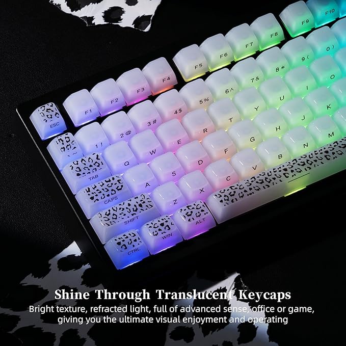Womier Keyboard Keycaps Jelly, White Ceramic Keycaps Style, Leopard Print Key Cap,Transparent Side Printed Custom 60 65 75 100 Percent for Cherry MX,Gateron Mechanical Keyboards,MDA Profile