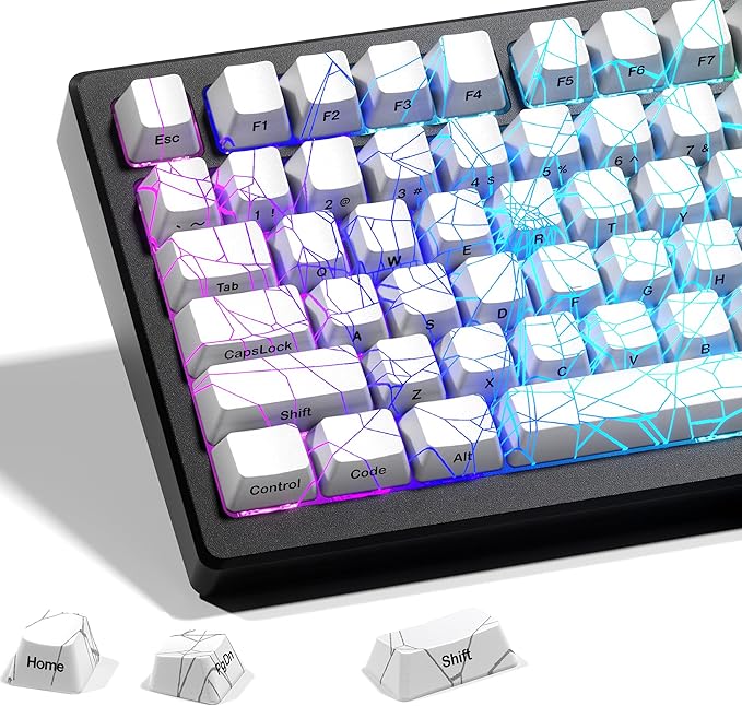 x XVX Shine Through Keycaps w/IMD Tech, Custom Spider Web Keycaps 60 75 100 Percent, White Key Cap Set Lines Backlit, OEM Profile Side Printed for Keyboards